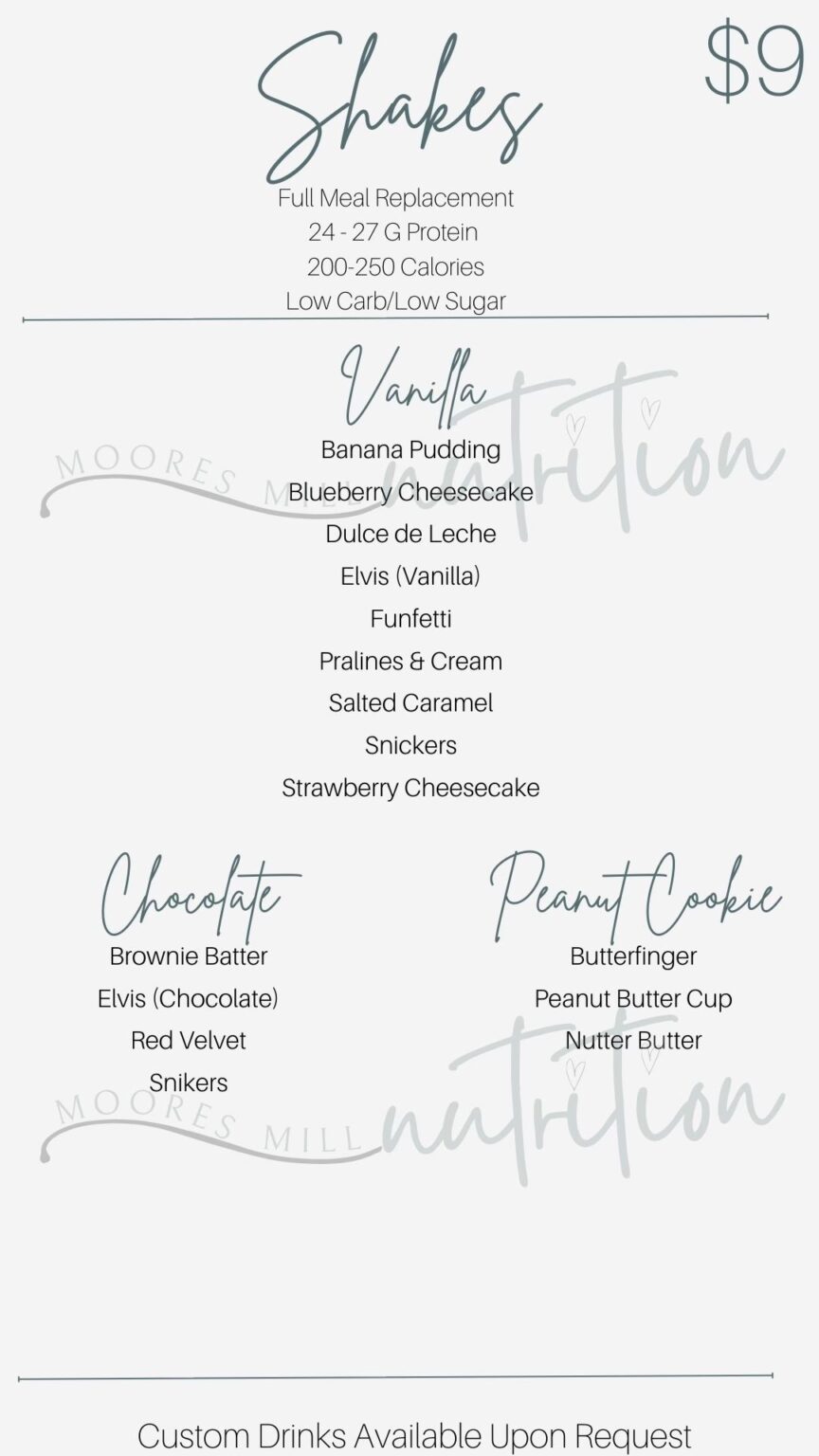Menu Moores Mill Nutrition Loaded Teas, Shakes and More!