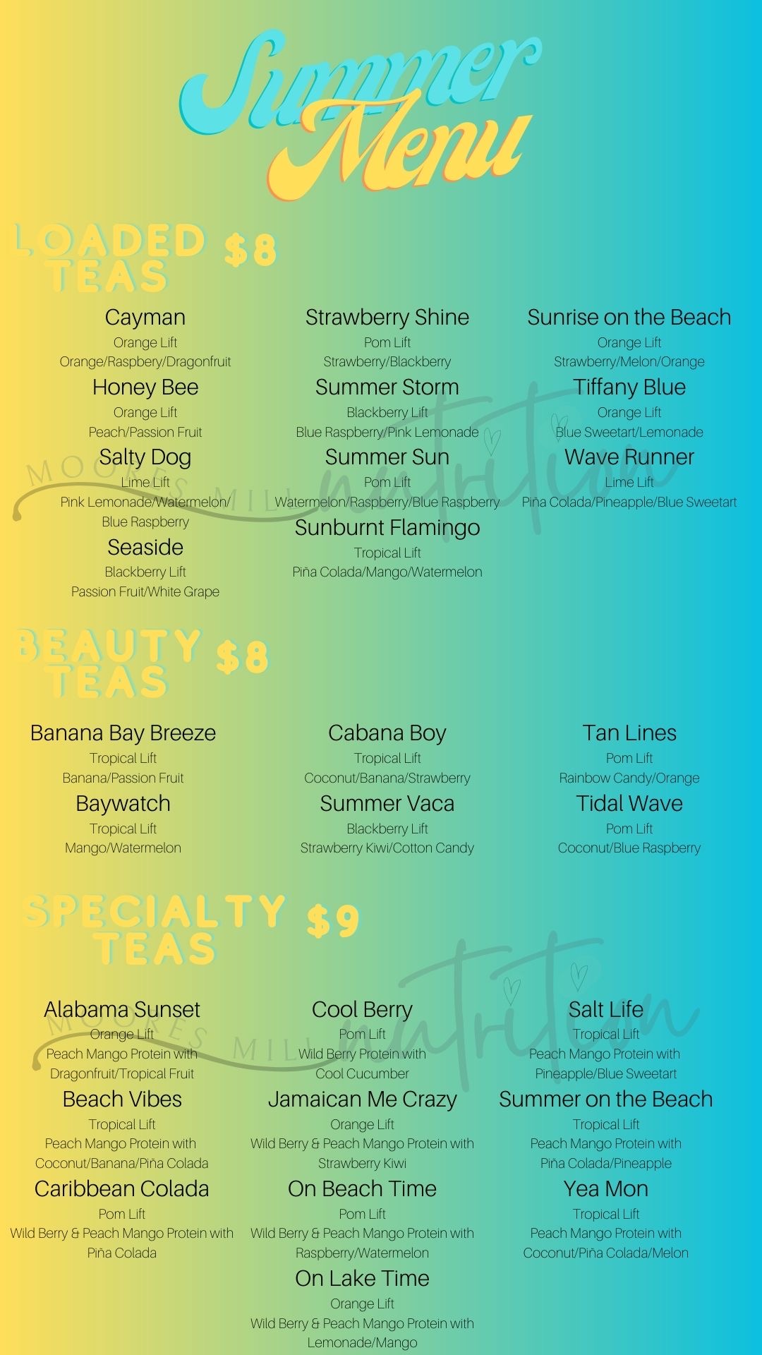 Menu Moores Mill Nutrition Loaded Teas, Shakes and More!