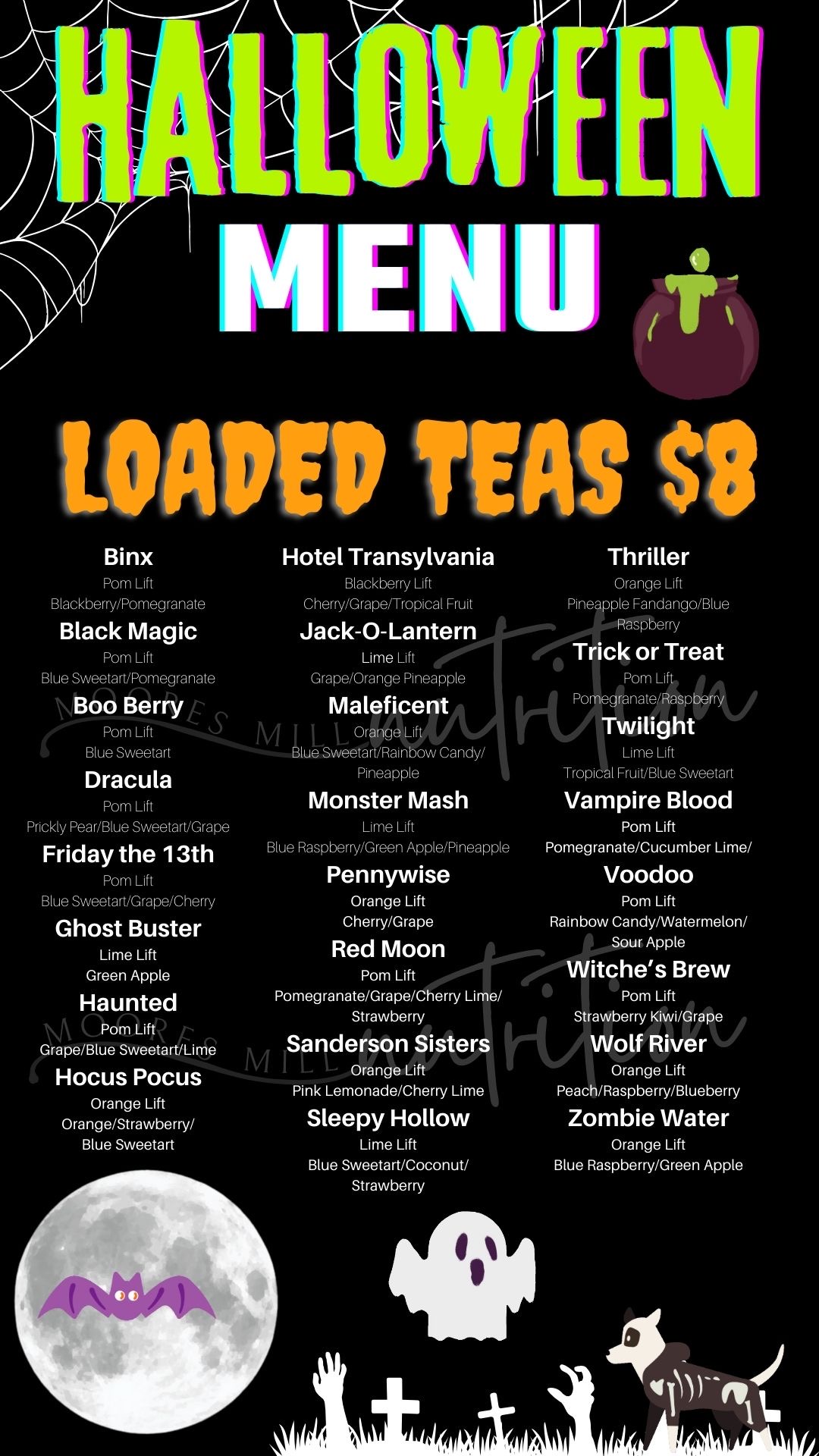 Menu Moores Mill Nutrition Loaded Teas, Shakes and More!