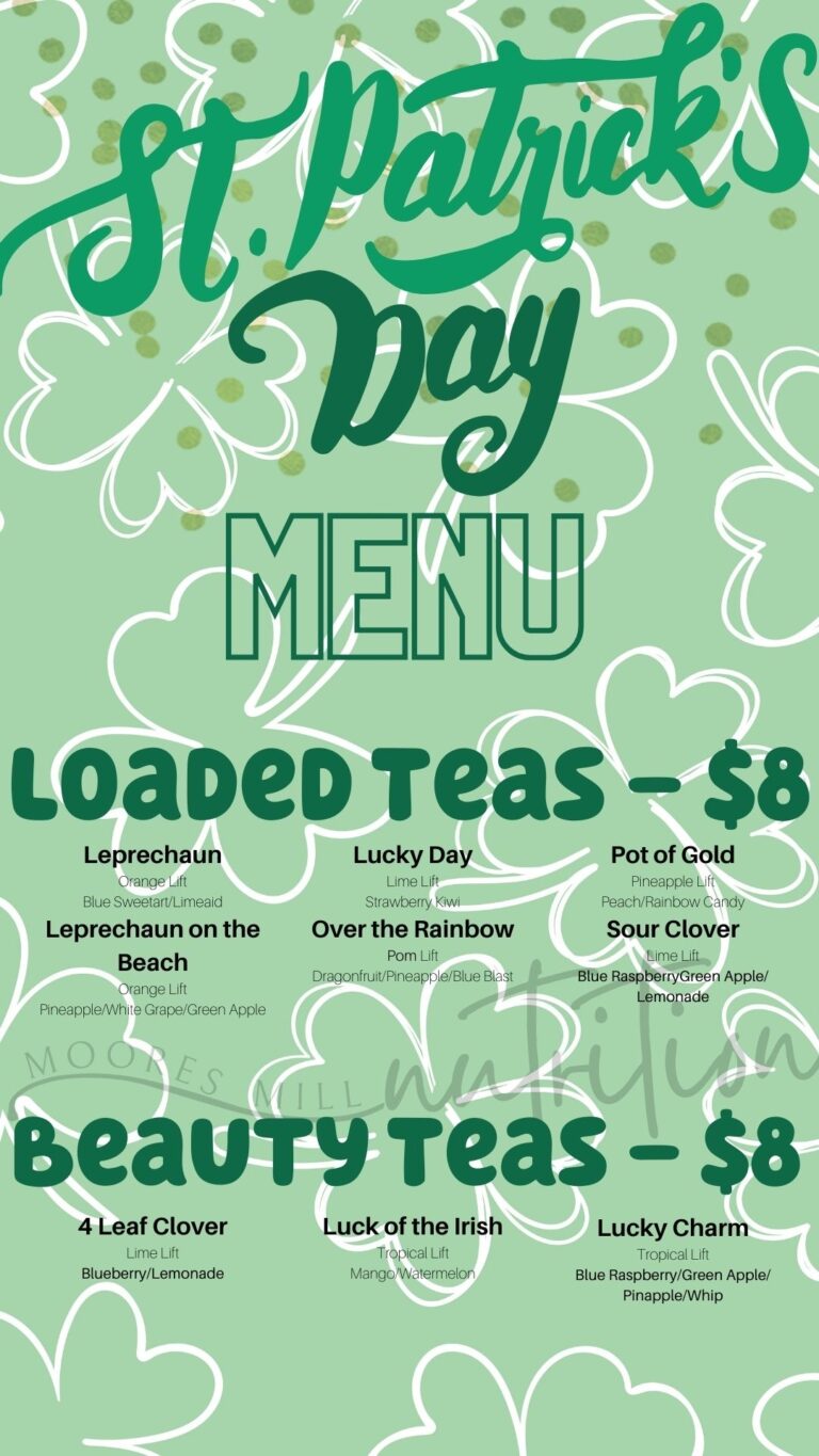 Menu Moores Mill Nutrition Loaded Teas, Shakes and More!