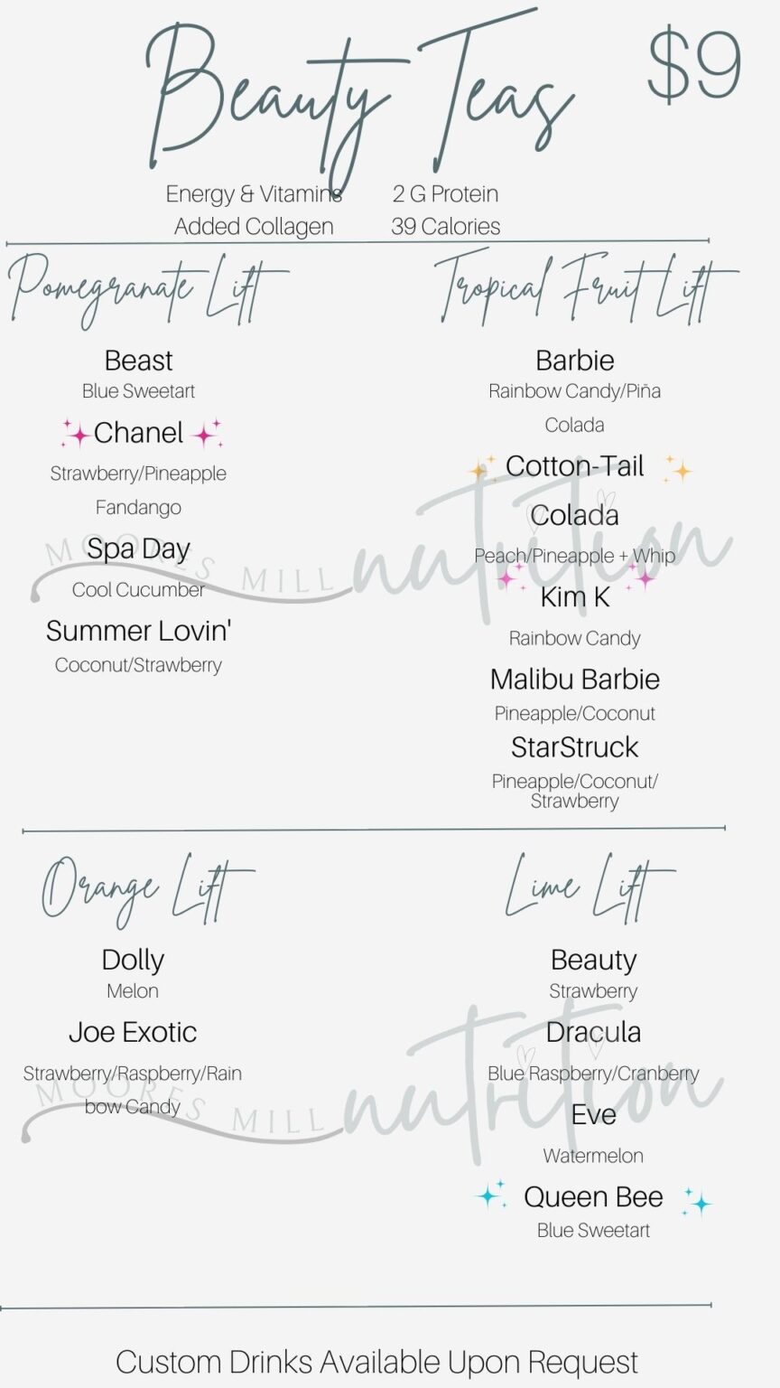 Menu Moores Mill Nutrition Loaded Teas, Shakes and More!